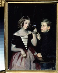 ""Porträtt av de två Gerbin-barnen som överväger en fjäril"" Målning av Pavel Fedotov (1815-1852) Circa 1851 State Russian Museum, Sankt Petersburg