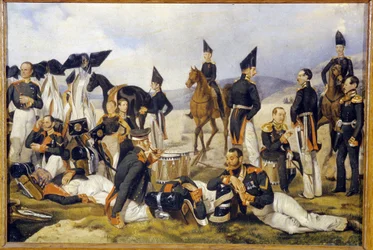 Vila under en kampanj. Beskrivning av en rysk kavallerienhet vid frontlinjen, en del sover, en del röker, alla ser trötta, omtänksamma och oroliga ut. Verk av Pavel Andreyevich Fedotov (1815-1