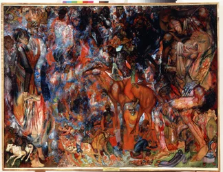 ""Composition au cavalier"" (Komposition med en ryttare) Peinture de Pavel Nikolayevich Filonov (1883-1941) sd. Ryska statens museum, Sankt Petersbourg