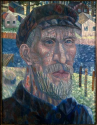 Medlem av en kolchos. (Medlem av Kolkhoz). Porträtt av en bonde i Sovjetunionen, under perioden av kollektiviseringspolitik, ledd av Josef Stalins (Stalins) regering (Joseph Vissarionovich Djougachvili dit) (1879-1953), från 1928 till 1940. Målning