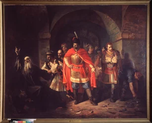 Patriarken av Moskva Hermogene (före 1530-1612) vägrar välsigna polackerna (patriark Hermogenes (Germogen) vägrar välsigna polackerna) - Målning av Pavel Petrovich Chistyakov (Tchistiakov) (1832-1919), olja på duk