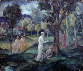 En promenad genom fält. (En promenad genom fälten). Fritidsscen, unga kvinnor mellan träden i bergen. Verk av Pavel Semyonovich Naumov (1884-1942), olja på kartong