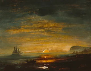 Kustlandskap med solnedgång
