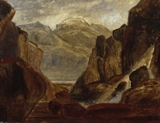 Fjordlandskap med vattenfall (olja på duk)