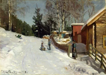Barn som leker på den snötäckta bygatan