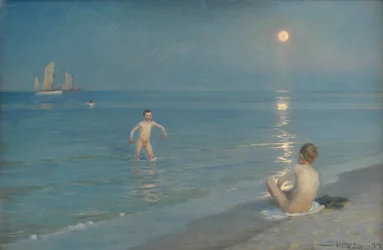 Pojkar badar på Skagen. Sommarkväll