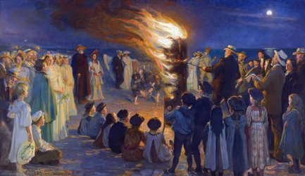 Sankt Hans-afton på Skagens strand (Danmark) - midsommaraftonsbrasa på Skagens strand, 149,5x257 cm, Skagens Museum