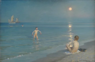 Pojkar badar på Skagen. Sommarkväll
