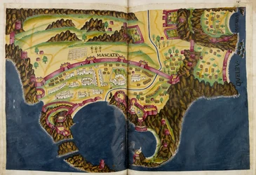Nedan portugisisk illustration av Muscat, från manuskriptet Livro do Estado da India Oriental av Pedro Barreto de Resende, Sloane MS 197