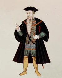Porträtt i fot av Alphonse (Alfonso eller Afonso) från Albuquerque (1453-1515), engelsk navigatör och erövrare, ibland smeknamnet "Portugisiska Mars". I "" State Book of Eastern India", av Pedro Barretto de Resende, Portugal