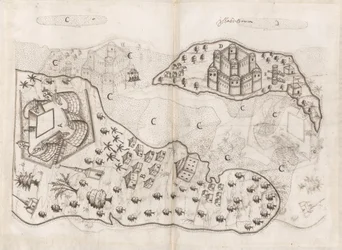 Portugisisk plan över Bahrainöarna, Livro do Estado da India Oriental av Pedro Barreto de Resende, Sloane MS 197, f.165v-166r (penna  bläck på papper)