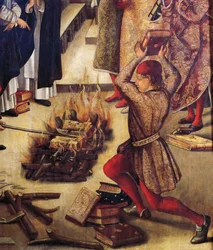 Bränning av kättarböcker, detalj från San Domenico och Albigenses, av Pedro Berruguete (ca 1450 - ca 1504)