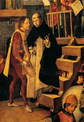 Dömd man går till inkvisitionsdomstolen, detalj från Autodafe som leds av San Domenico Guzman av Pedro Berruguete (cirka 1450-cirka 1504)