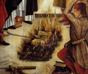 Detalj av "" Saint Dominique et les Albigeois"" (Le Miracle des Fanjeaux): helgonet ger Albigeois boken som motbevisar deras heresi och Albigeois försöker bränna den, utan framgång. Målning av Pedro Berruguete (1450-1504). 1500-talet sön. 1,22 x 0