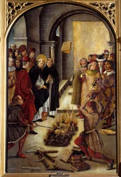 Saint Dominique and the Albigeois (Le Miracle des Fanjeaux): helgonet ger albigeeserna boken som motbevisar deras heresi och albigeerna försöker bränna den, utan framgång. Målning av Pedro Berruguete (1450-1504). 1500-talet sön. 1,22 x 0,83 m Madrid,