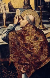 Eukaristin (Helgon reser värden, en kristen symbol för Kristi kropp). Detalj av altartavlan av Gregorius I:s mässa, kallad den store eller dialogen (540-604) påven år 590. Målning av Pedro BERRUGUETE (1450-1504). Renässansmålning, Catal