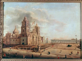 Vy över Metropolitankatedralen och Nationalpalatset, Mexico City, Mexiko. Målning av Pedro Gualdi (1809-1857), Mexico City, Nationella historiska museet, Chapultepecslottet
