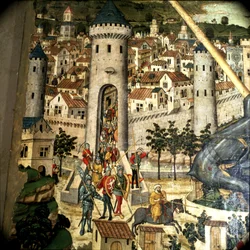 Altartavla av St. George: Palma de Mallorcas erövring 1229 av trupper från Jacques I, kung av Aragon, detalj