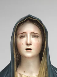 Virgin of Sorrows Mater Dolorosa (polykromt trä, glas och djurhår)