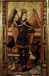 ""Ärkeängeln Mikael väger de dödas själar"" (Ärkeängeln Mikael väger de dödas själar) Målning av Pedro Espalargues den yngre (1500-talet) Pushkin-museet, Moskva