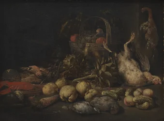 Stilleben med frukt och fåglar