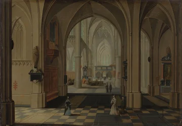 Interiör av en imaginär gotisk kyrka, tittar österut