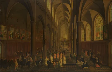 Interiören av Dominikanska kyrkan, Antwerpen, med blick österut, med processionen av det heliga sakramentet