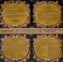 Bildtexter från fyra målningar av slaget vid Vita berget, 7-8 november 1620, Pieter Snayers (1592-1667) bevarade i Santa Maria della Vittoria, Rom