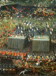 De ungerska och böhmiska arméernas nederlag och flykt mot den kejserliga armén, detalj från Slaget vid Vita berget nära Prag den 7-8 november 1620, av Pieter Snayers, målning i Santa Maria della Vittoria, Rom. Trettioåriga kriget, Tjeckien