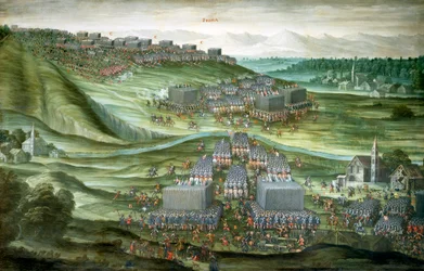 Utplacering av trupper i Vita berget i första fasen av slaget vid Vita berget den 7–8 november 1620, målning av Pieter Snayers (1592–1667) bevarad i Santa Maria della Vittoria-kyrkan, Rom