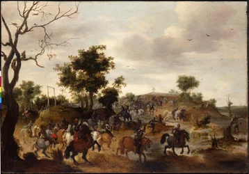 Landskap med kavalleristrid, galgar och en väderkvarn bortom