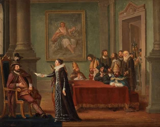 Christine Gyllenstierna (1494-1559) med säkerhetsbrevet, inför kung Christian II av Danmark (1481-1559) - Christina Gyllenstierna med brevet om tryggt uppförande inför Christian II av Hillestroem, Pehr (1732-1816). Olja på duk, storlek: 42