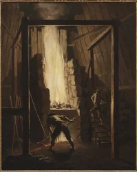 Interieur de la fonderie de cuivre a Falun (Mocka) - Koppargjuteriets inredning i Falu, av Lillestroem, Pehr (1732-1816). Olja på duk