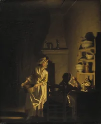 Le test des oeufs, interieur de cuisine - Testa ägg. Interiör i ett kök, av Hilleström, Pehr (1732-1816). Olja på trä. Mått: 39x32 cm. Nationalmuseum Stockholm