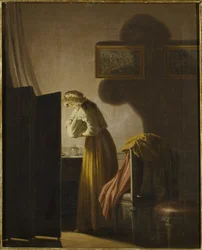 Une femme attrapant des puces a la lumiere de la bougie - A Woman Catching Fleas by Candlelight, av Hillestrom, Pehr (1732-1816). Olja på duk. Mått: 51,5x42,5 cm. Nationalmuseum Stockholm