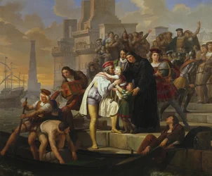 Christopher Columbus omfamnar sina två söner och rekommenderar dem till fader Giovanni Perez innan han lämnar Palos för att upptäcka Amerika