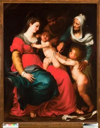 Den heliga familjen med fjärilen och med den heliga Elisabeth och den helige Johannes Döparen Målning av Pellegro Piola (1617-1640)