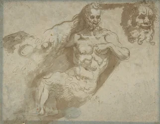Sittande satyr, med förstorat huvud av samma recto, huvud av en kvinna ago, 1527-96.