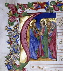 Kristus undervisar sina lärjungar, inom ett initialt "jag", c.1480