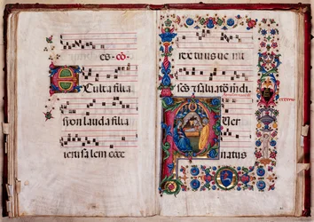 Piccolomini bibliotek: körbok, torsk. 102,8, ff. 47v-48r med "Nativity", av Pellegrino di Mariano.