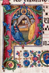 Piccolomini bibliotek: körbok, torsk. 102,8, ff. 48r med "Nativity", av Pellegrino di Mariano. Detalj.