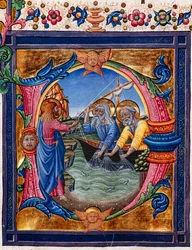 Piccolomini bibliotek: körbok, torsk. 11.M, ff. 4r med "Calling of St. Peter and St. Andrew", av Pellegrino di Mariano. Detalj.