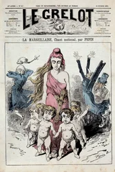 Ett nummer av ”Klockan”, som framställer en allegori över nationalsången ”Marseljäsen” som rycker fram medan de flyende adelsmännen håller för öronen. Illustration av Pepin. 10/02/1878. Privat samling