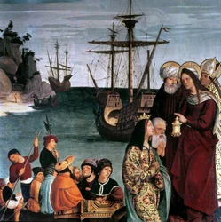 Maria Magdalena går ombord på ett skepp, från altartavlan av Sankt Magdalena