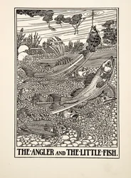 The Angler and the Little Fish, från A Hundred Fables of Aesop, pub.1903 (gravyr)