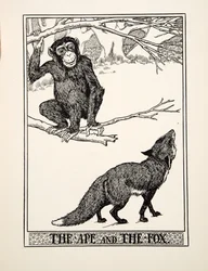 Apen och räven, från Aesops hundra fabler, pub.1903 (gravyr)