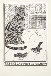 Katten och de två sparvarna, från Fontaine Fables, pub. 1905
