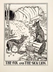 Räven och det sjuka lejonet, från Aesops hundra fabler, pub.1903 (gravyr)