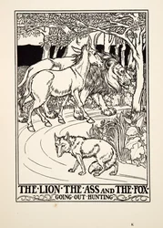 Lejonet, åsnan och räven går ut och jagar, från Aesops hundra fabler, pub.1903 (gravyr)