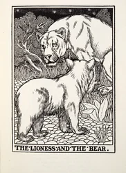 Lejoninnan och björnen, från Fontaine Fables, pub. 1905